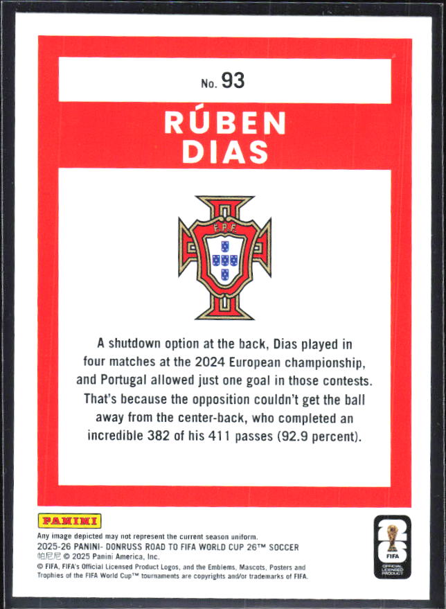 Rúben Dias 2025-26 Donruss Road to FIFA WC #93 – baksida