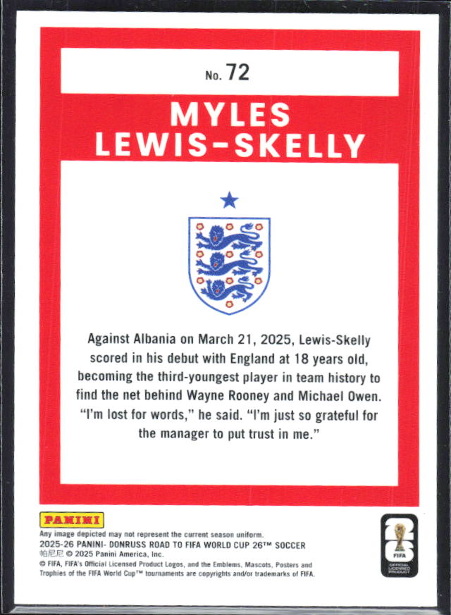 Myles Lewis-Skelly 2025-26 Donruss Road to FIFA WC Optic #72 – baksida