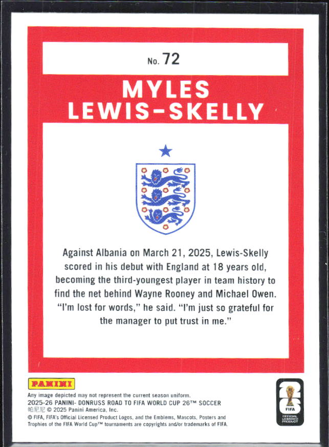 Myles Lewis-Skelly 2025-26 Donruss Road to FIFA WC #72 – baksida
