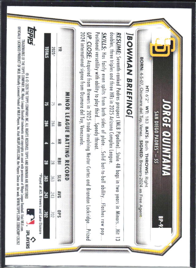 Jorge Quintana 2026 Bowman 1st Prospects #BP-93 – baksida