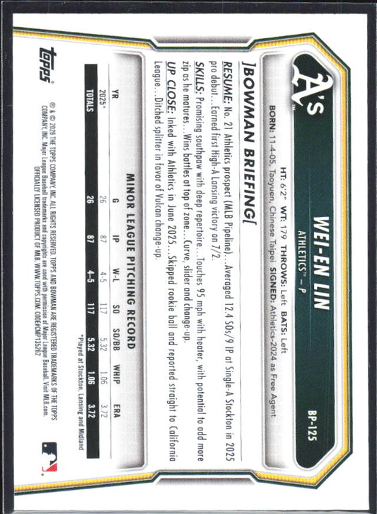 Wei-En Lin 2026 Bowman 1st Prospects #BP-125 – baksida
