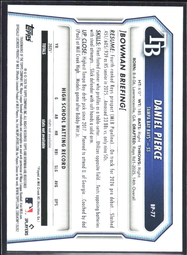 Daniel Pierce 2026 Bowman 1st Prospects #BP-77 – baksida