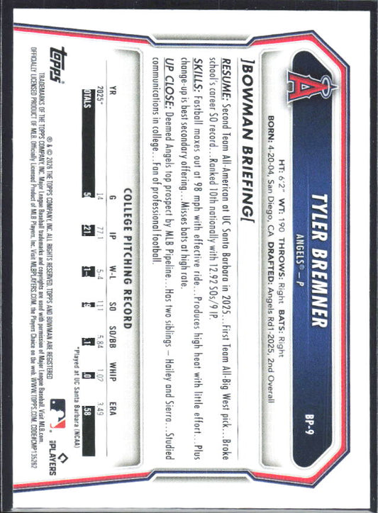 Tyler Bremner 2026 Bowman Prospects #BP-9 – baksida