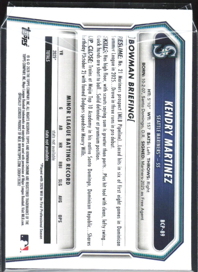 Kendry Martinez 2026 Bowman Chrome Prospects #BCP-89 – baksida