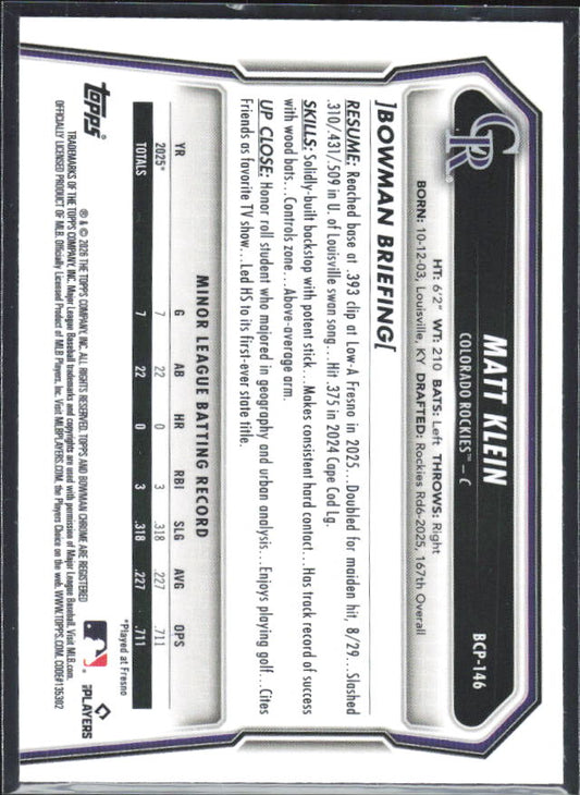 Matt Klein 2026 Bowman 1st Chrome Prospects #BCP-146 – baksida