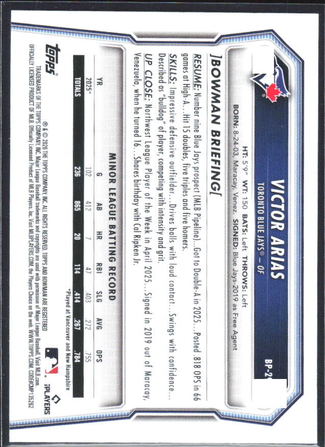 Victor Arias 2026 Bowman 1st Prospects #BP-29 – baksida