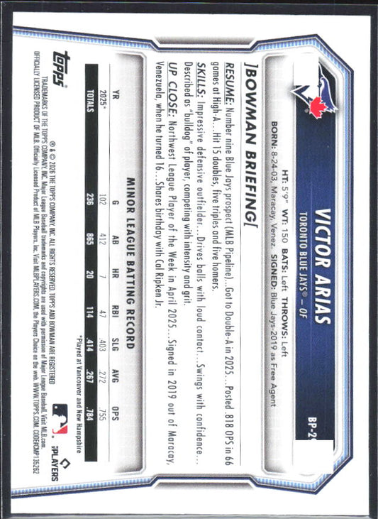 Victor Arias 2026 Bowman 1st Prospects #BP-29 – baksida