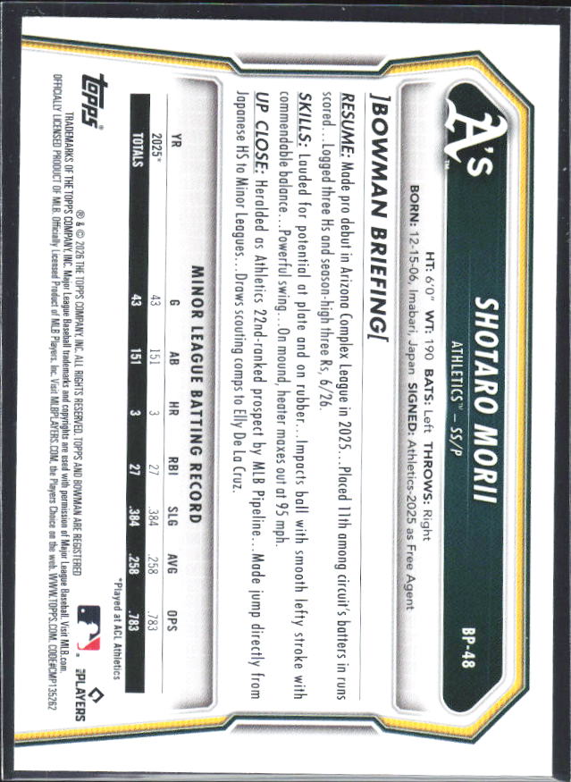 Shotaro Morii 2026 Bowman Prospects #BP-48 – baksida
