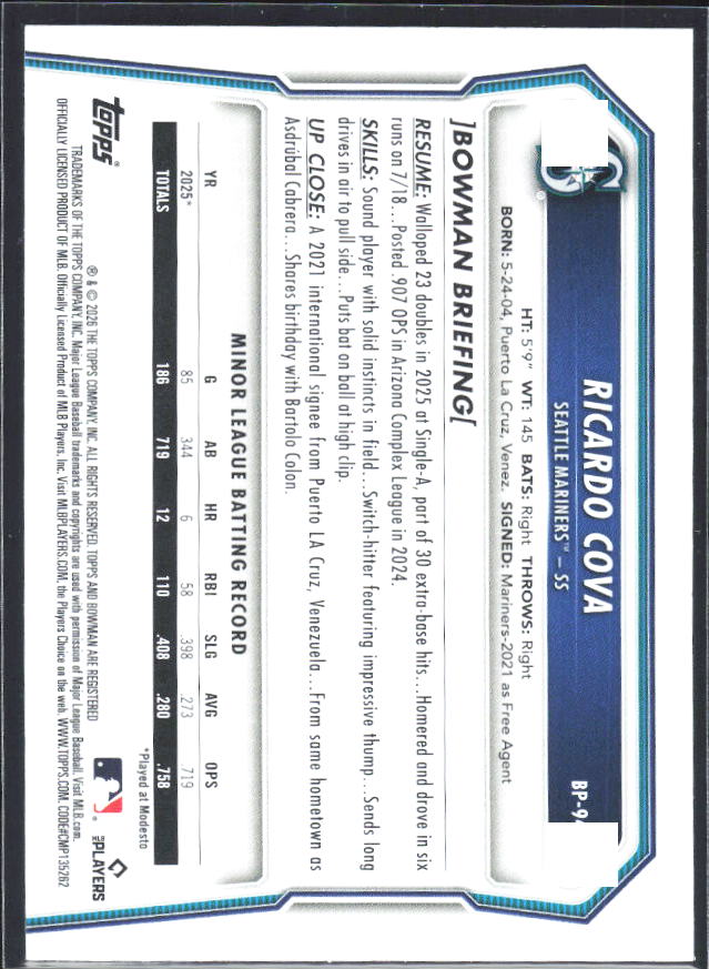 Ricardo Cova 2026 Bowman 1st Prospects #BP-94 – baksida