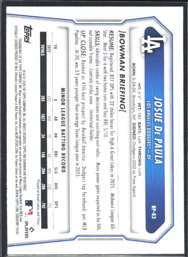 Josue De Paula 2026 Bowman Prospects #BP-83 – baksida