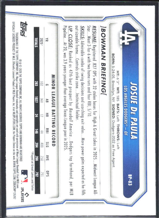 Josue De Paula 2026 Bowman Prospects #BP-83 – baksida