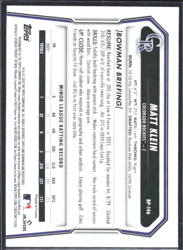 Matt Klein 2026 Bowman 1st Prospects #BP-146 – baksida
