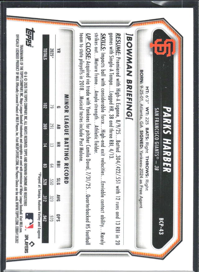 Parks Harber 2026 Bowman 1st Chrome Prospects #BCP-43 – baksida