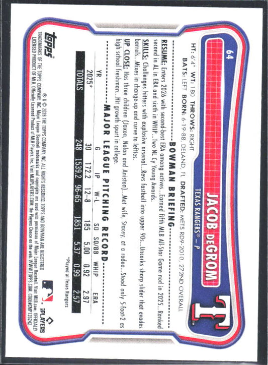 Jacob deGrom 2026 Bowman #64 – baksida