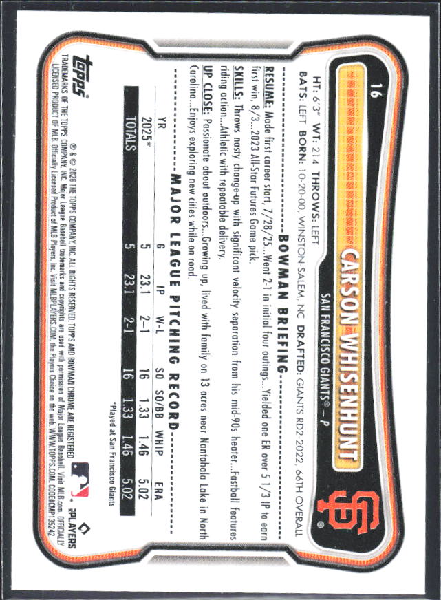 Carson Whisenhunt 2026 Bowman RC #16 – baksida
