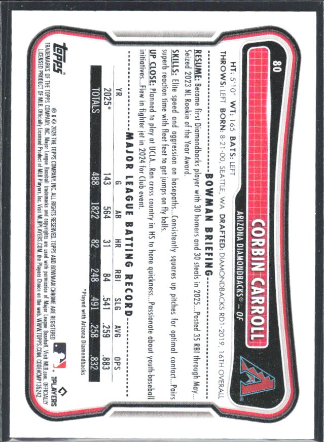 Corbin Carroll 2026 Bowman #80 – baksida