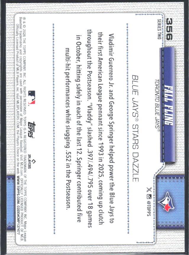 Vladimir Guerrero Jr. / George Springer 2026 Series 2 Fall Fling #356 – baksida