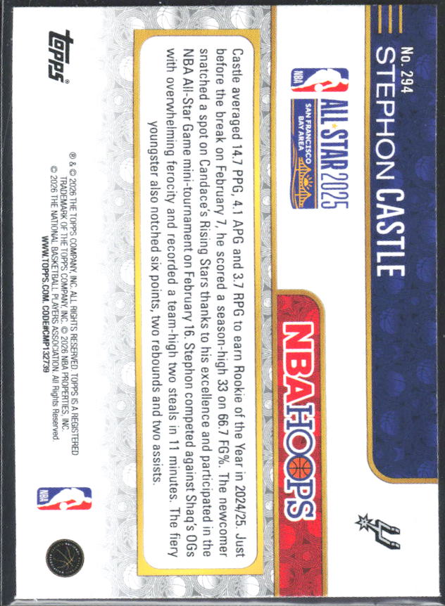Stephon Castle 2025-26 NBA Hoops All-Star 2025 #294 – baksida