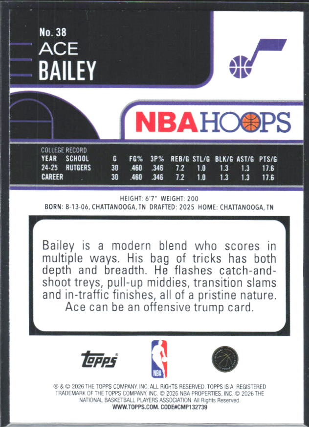 Ace Bailey 2025-26 NBA Hoops RC #38 – baksida