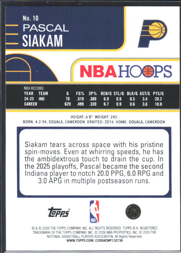 Pascal Siakam 2025-26 NBA Hoops #10 – baksida