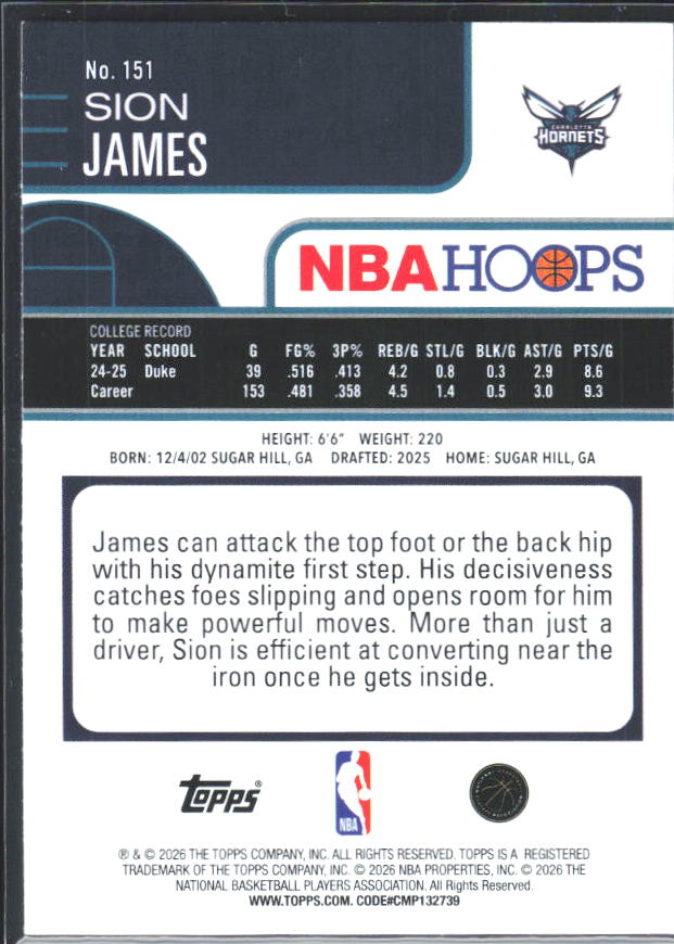 Sion James 2025-26 NBA Hoops RC #151 – baksida