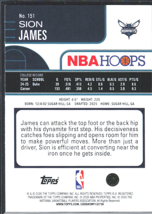 Sion James 2025-26 NBA Hoops RC #151 – baksida