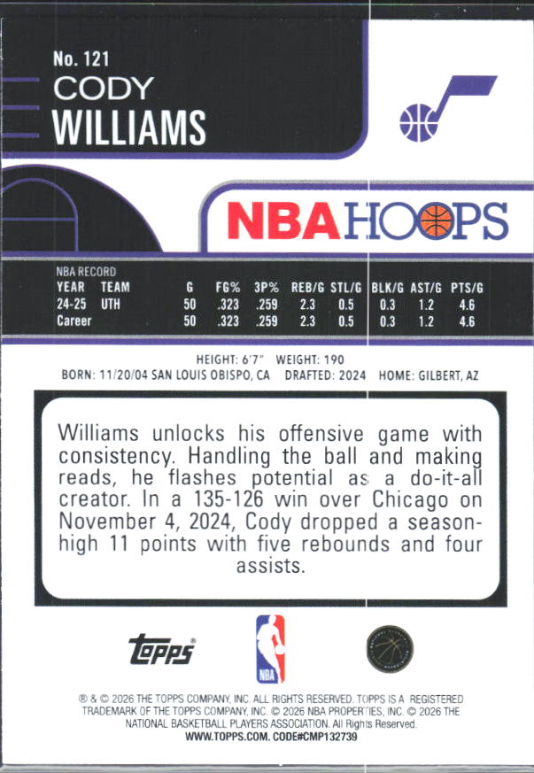 Cody Williams 2025-26 NBA Hoops #121 – baksida