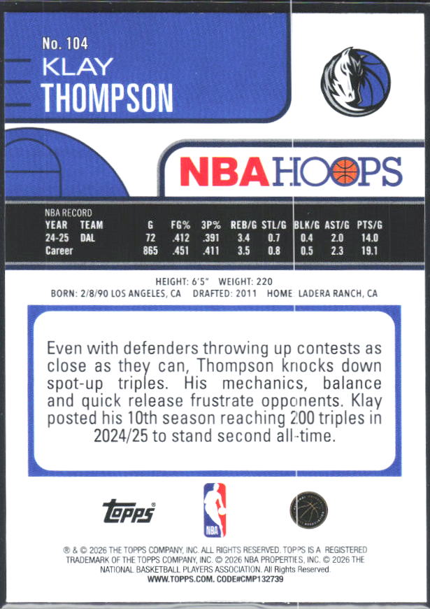 Klay Thompson 2025-26 NBA Hoops #104 – baksida