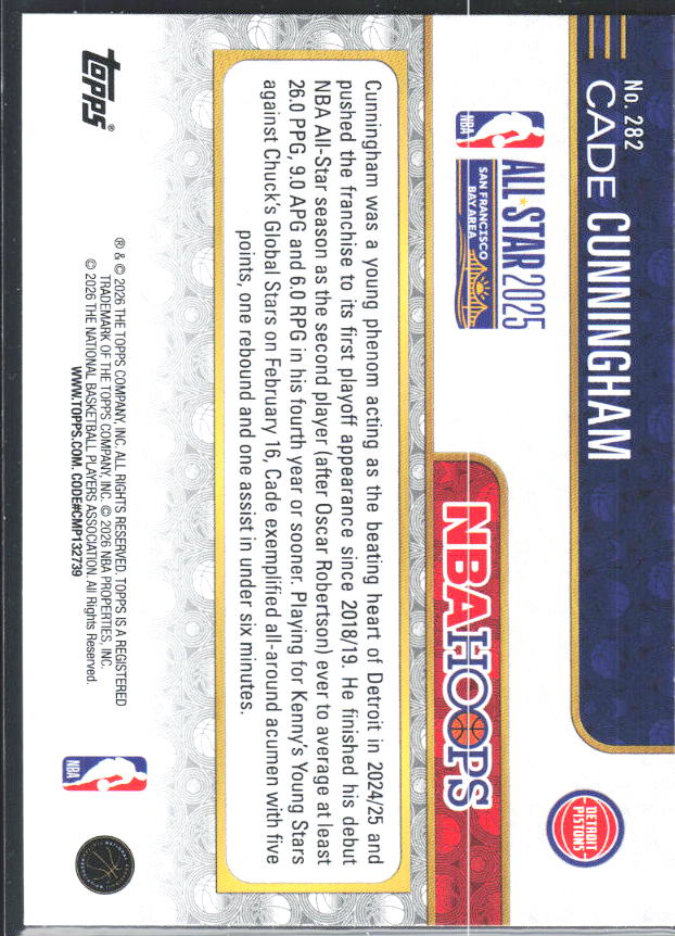 Cade Cunningham 2025-26 NBA Hoops All-Star 2025 #282 – baksida