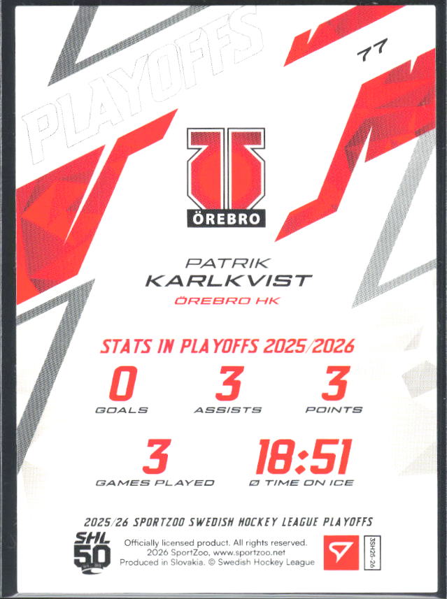 Patrik Karlkvist 2025-26 SHL Playoffs #77 – baksida