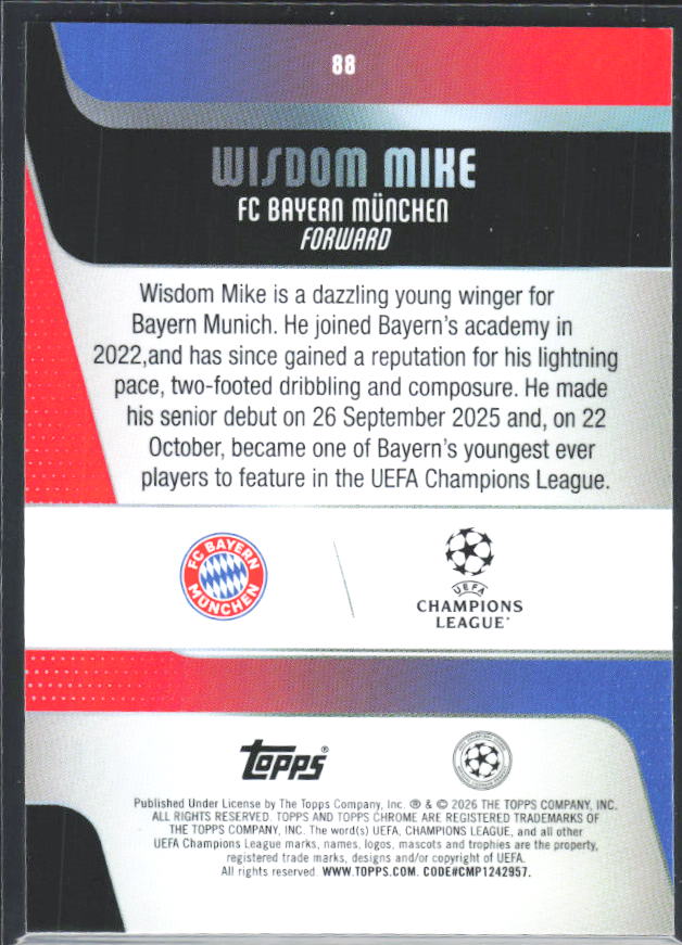 Wisdom Mike 2025-26 Chrome UEFA RC #88 – baksida