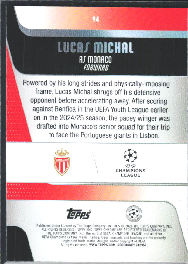 Lucas Michal 2025-26 Chrome UEFA RC #94 – baksida