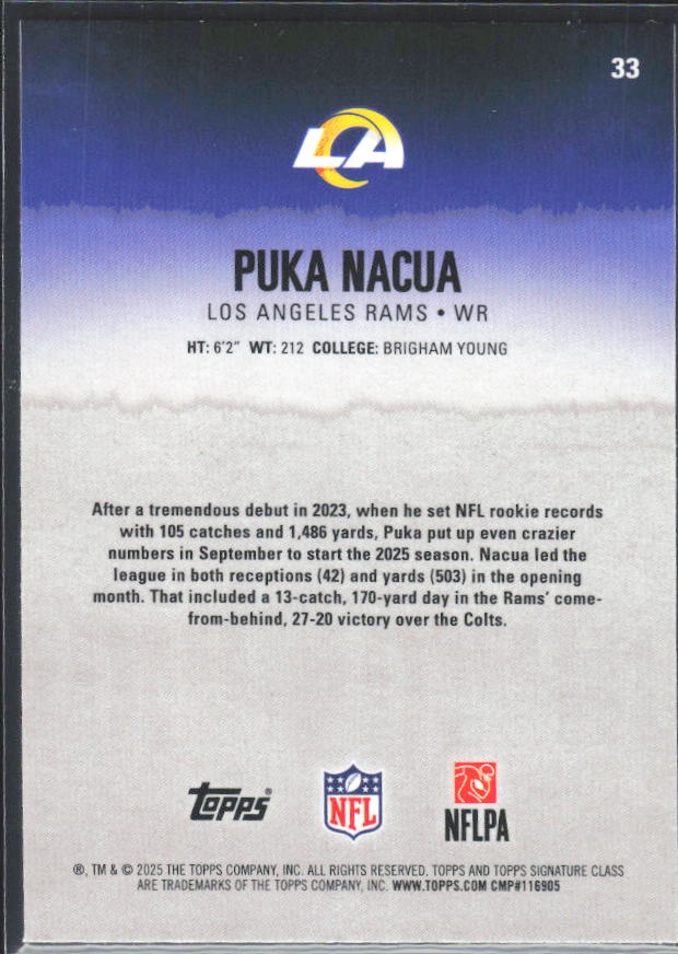 Puka Nacua 2025 Signature Class #33 – baksida