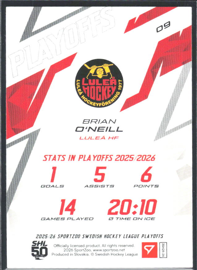 Brian O'Neill 2025-26 SHL Playoffs #09 – baksida