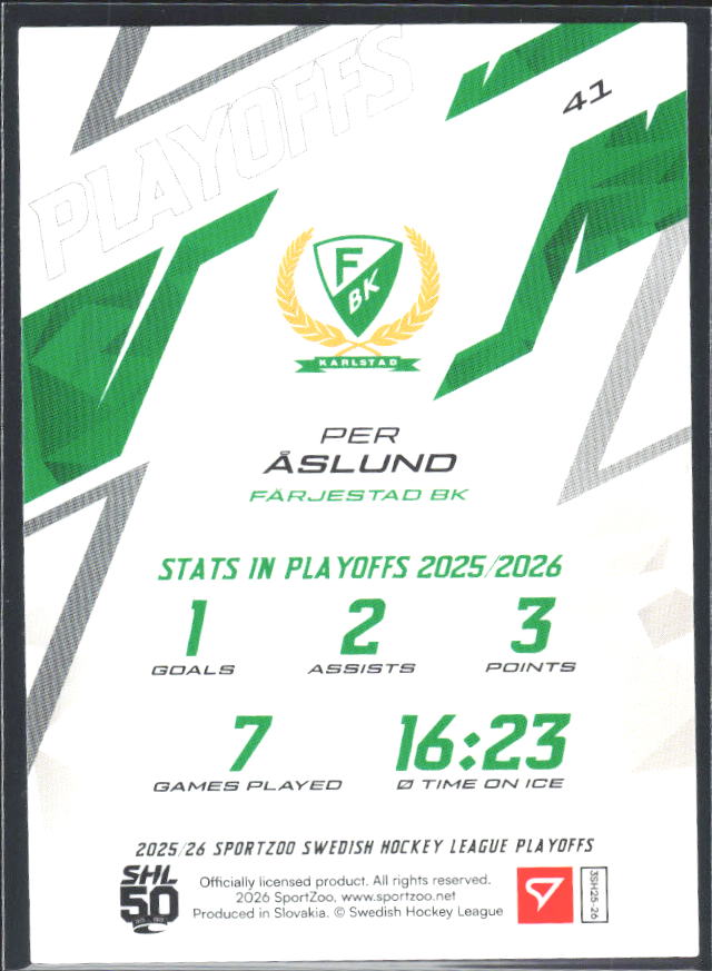 Per Åslund 2025-26 SHL Playoffs #41 – baksida