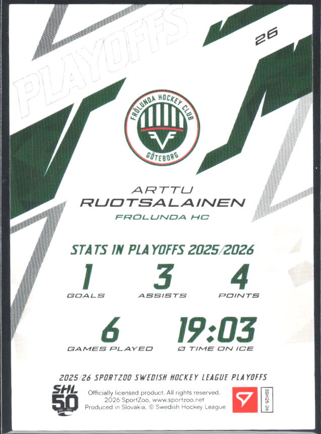 Arttu Ruotsalainen 2025-26 SHL Playoffs #26 – baksida