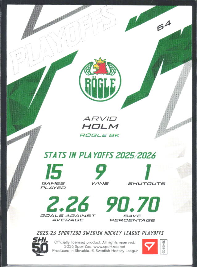 Arvid Holm 2025-26 SHL Playoffs #64 – baksida