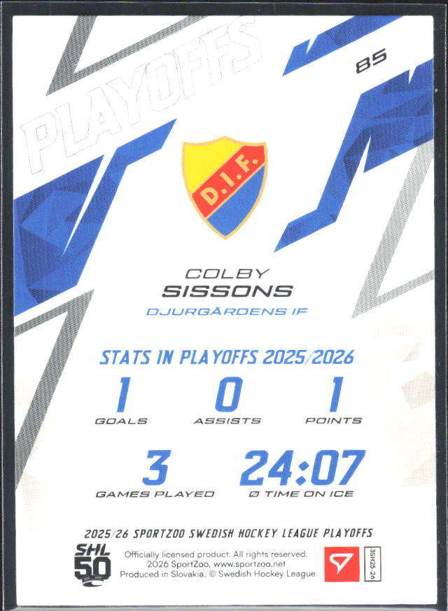 Colton Sissons 2025-26 SHL Playoffs #85 – baksida