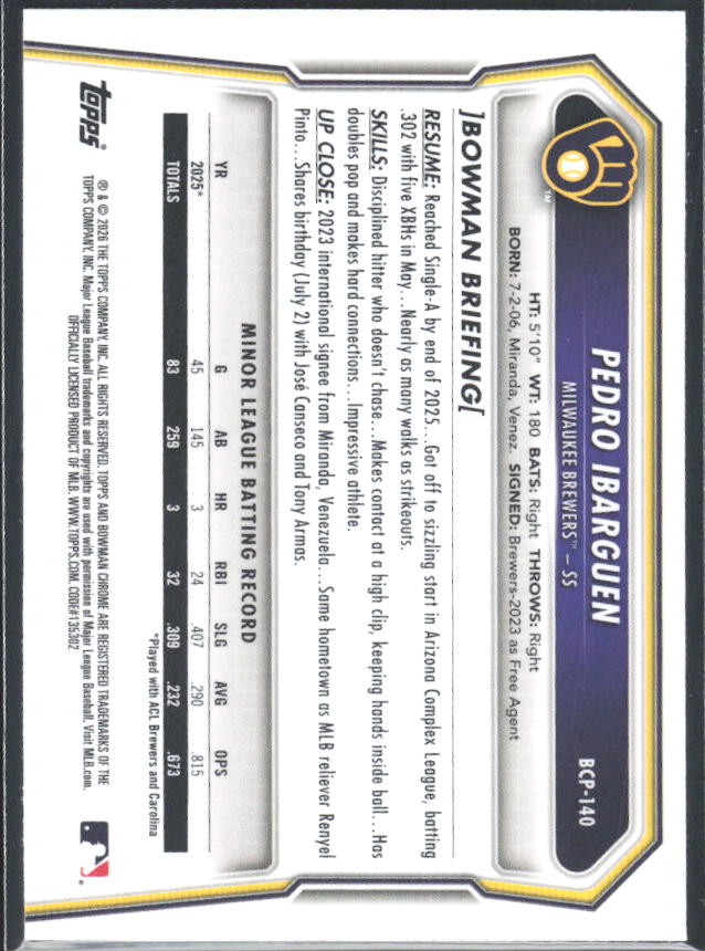 Pedro Ibarguen 2026 Bowman 1st Chrome Prospects #BCP-140 – baksida