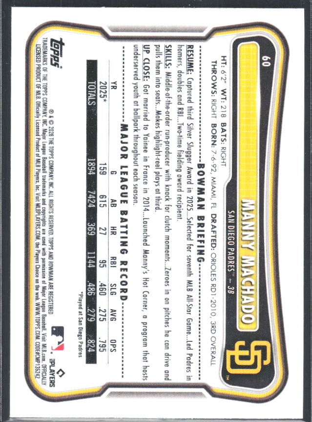 Manny Machado 2026 Bowman #60 – baksida