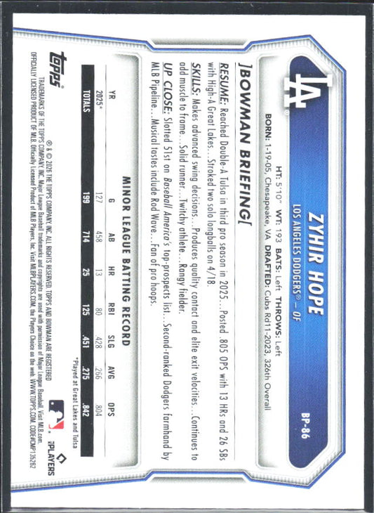 Zyhir Hope 2026 Bowman Prospects #BP-86 – baksida