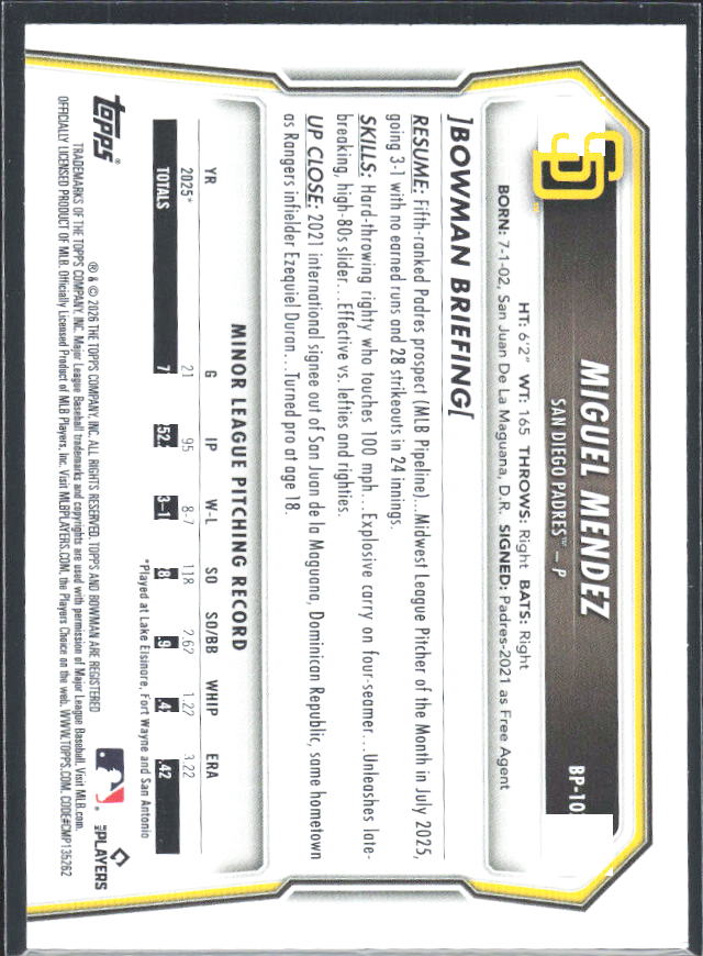Miguel Mendez 2026 Bowman 1st Prospects #BP-107 – baksida