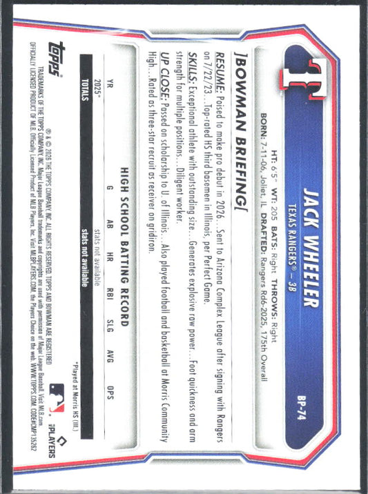 Jack Wheeler 2026 Bowman 1st Prospects #BP-74 – baksida