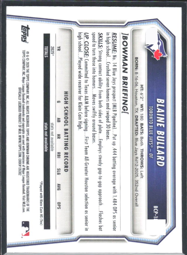 Blaine Bullard 2026 Bowman 1st Chrome Prospects #BCP-18 – baksida
