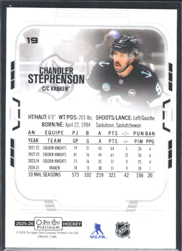 Chandler Stephenson 2025-26 O-Pee-Chee Platinum #19 – baksida