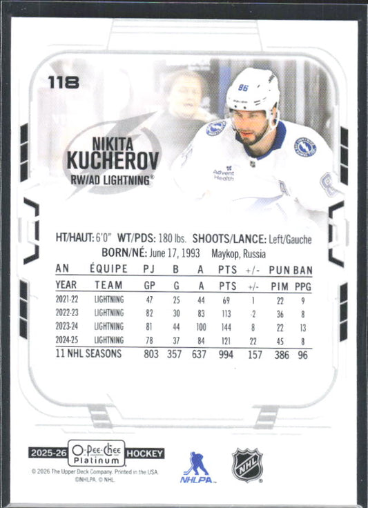 Nikita Kucherov 2025-26 O-Pee-Chee Platinum #118 – baksida