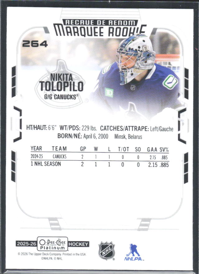 Nikita Tolopilo 2025-26 O-Pee-Chee Platinum Marquee Rookie #264 – baksida