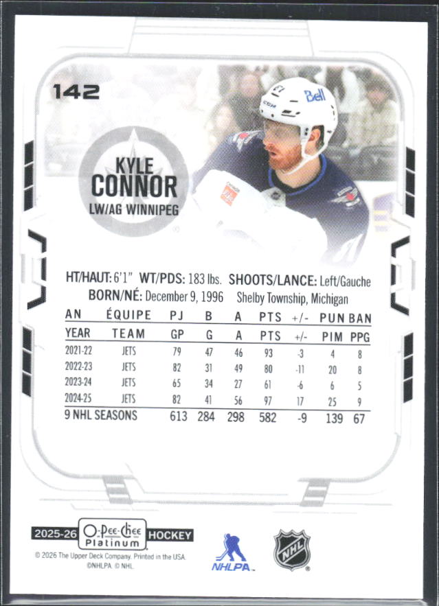 Kyle Connor 2025-26 O-Pee-Chee Platinum #142 – baksida