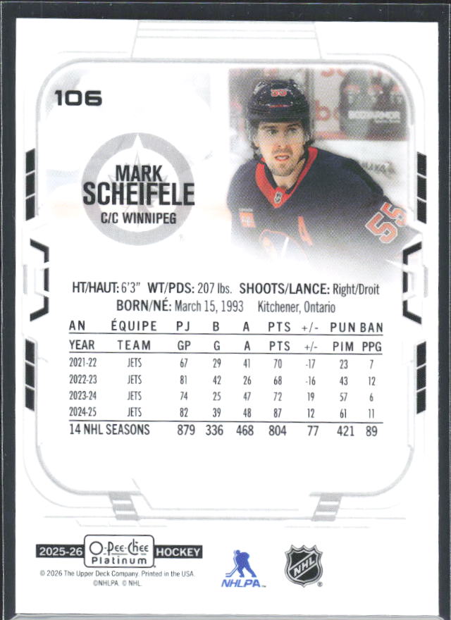 Mark Scheifele 2025-26 O-Pee-Chee Platinum #106 – baksida