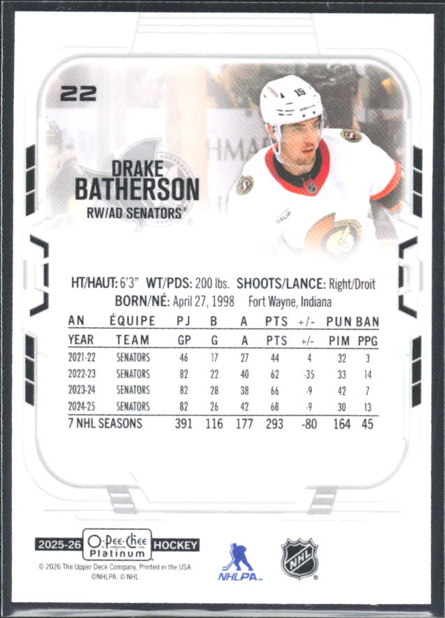 Drake Batherson 2025-26 O-Pee-Chee Platinum #22 – baksida
